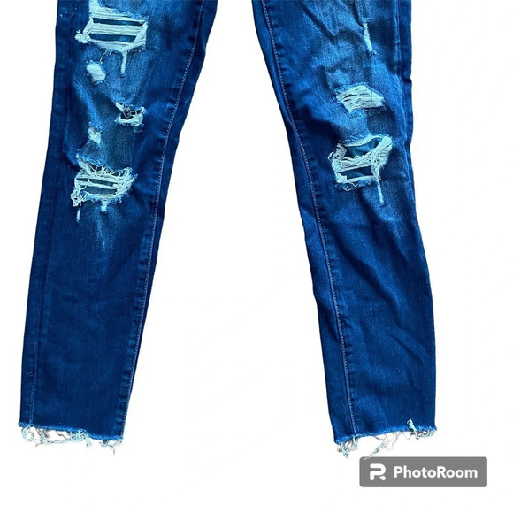 AMERICAN Eagle Dark Wash Jegging Crop Mid Rise Skinny distressed Jeans  Size 0 - Picture 4 of 12